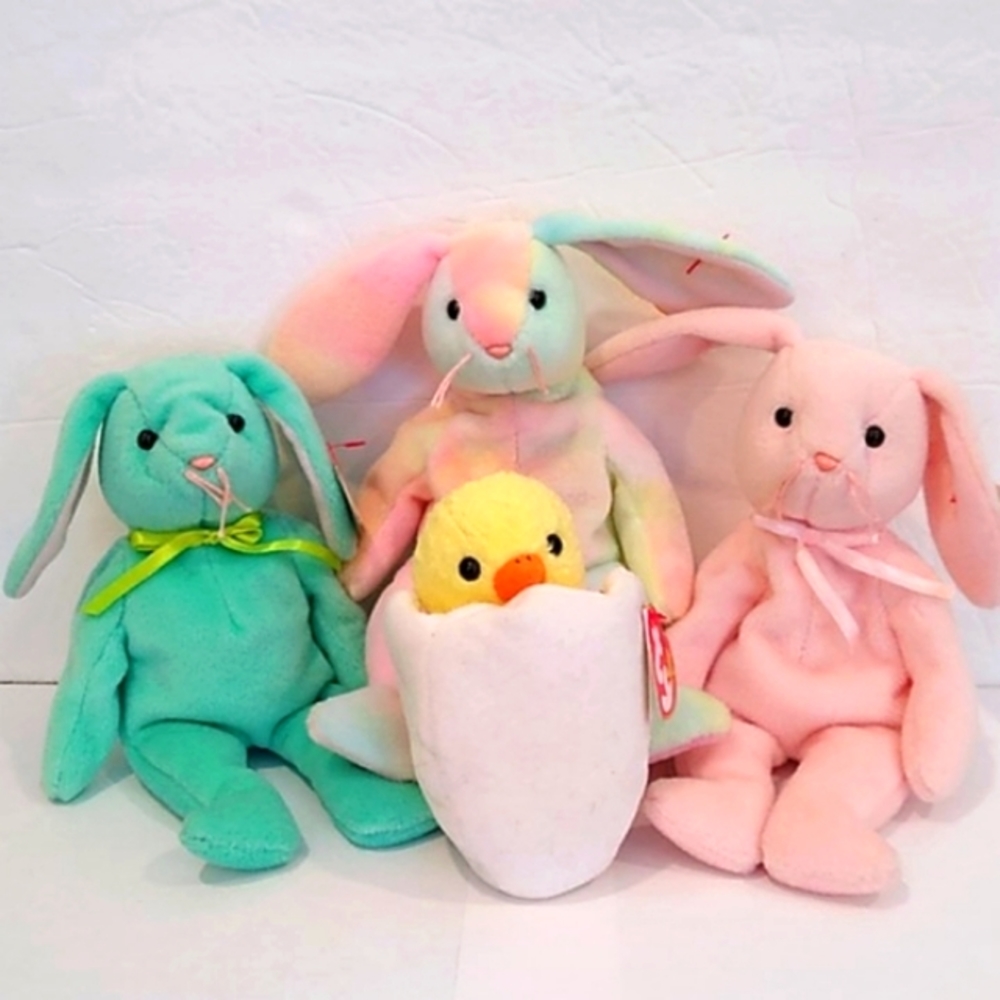 Ty Easter Bunny Chick w Egg Beanie Babies Hippity Hoppity Tie Dye Hippie Eggbert